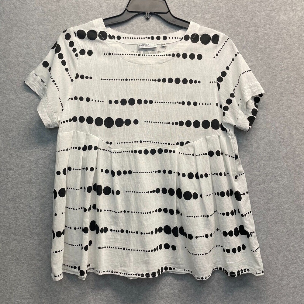 Patrizia Luca Polka Dot Peplum‎ Top Womens SM Black White Short Sleeve Blouse